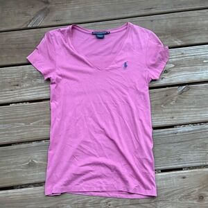 Ralph Lauren Sport T-Shirt Women Medium Pink Excellent V-Neck Pima Cotton Pony